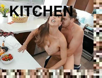 Cherie Deville pleasures two horny studs in the kitchen