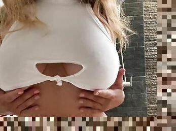 gros-nichons, amateur, naturel, serrée, seins, fétiche, solo, blanc, humide