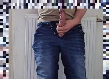 masturbation, monster, avsugning, gigantisk-kuk, avrunkning, massiv, rakad, jeans, vit, kuk