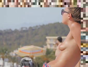 kamera, pludmale, voyeur, bikini, mazās-krūtis
