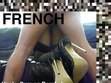 PVC French maid gets lots of cum on black stilettos and stockings. Two angles and slomo.