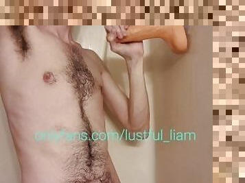 Getting covered in cum after playing with huge dildo and showing off my hairy armpits