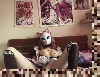 sexy pink haired maid in anime fox mask plays with her cock and plug before cumming hard to anal