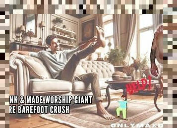 Shrunk & made worship giant before barefoot crush