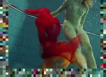 Skinny girl makes erotic underwater art