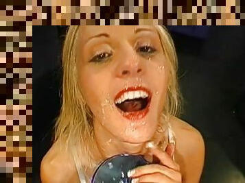 Horny blonde having jizz on her face