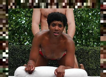 Afro beauty tries endless white dick from behind in backyard casting sessions