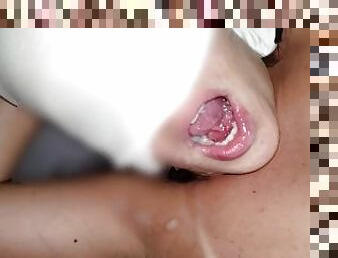 Slow motion licking and sucking cum after cum in her mouth