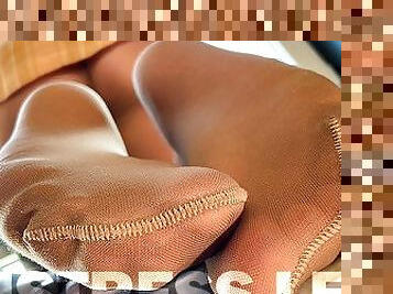 Goddess In Tan Pantyhose Wiggleng Soles And Toes On The Windowsill