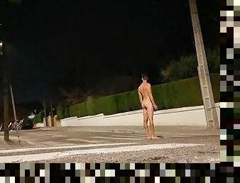 Risky naked walk around the city at night