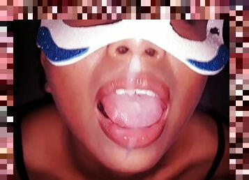 Sucking cock and lots of milk in her very sexy mouth with semen