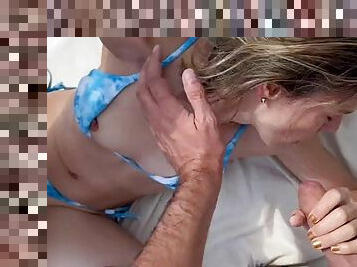 Bikini clad wife gets bareback creampie and facial from two cocks on a public beach