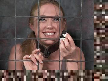 Collared girl in a cage sucks big cock