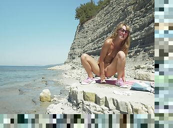 Sasha Bikeyeva - Awesome Kinky Nudist Girl In Sunglasses Sucks &amp; Rides A Huge Dildo In Beach