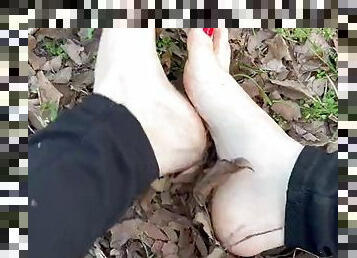 Sexy Feet Woman Barefoot Outdoors Walking Dirty Soles Red Nails Foot Fetish No Talking