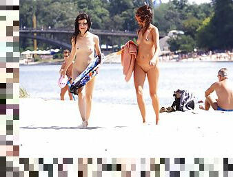 nudist, javno, amaterski, najstnice, plaža, čudovito, drobcena