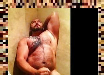 Hairy latin muscle stud wanks in bathroom