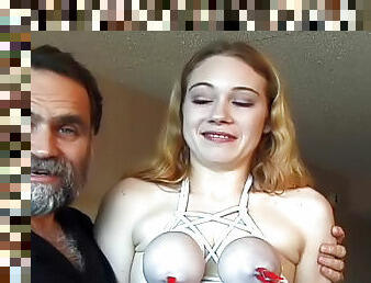 He ties up her sexy natural tits