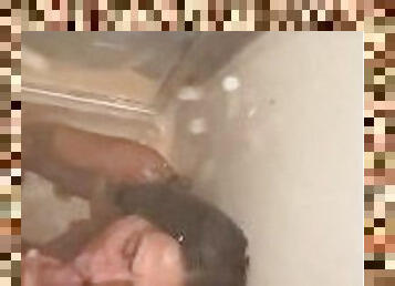 Milf gives head in steamy shower with cum shot