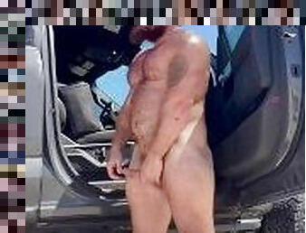 Hairy Bodybuilder Pissing by Truck on Public Beach OnlyfansBeefBeast Beefy Thick Musclebear Hung