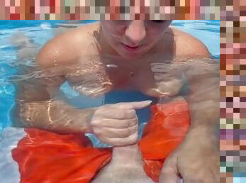 Blowjob, handjob, cumshot underwater in public pool