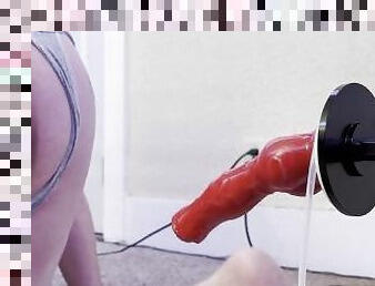 Taking a pounding and a huge load with a dog dildo and sex machine