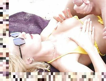 Gorgeous blonde gets fucked on a public tropical beach
