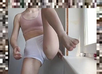 exciting stretching in short shorts