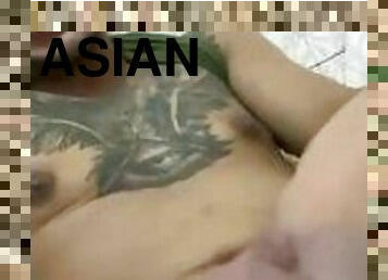 asiático, amador, tiro-ao-alvo, gay, dedos, puta-slut, ejaculação, sozinho, tatuagem