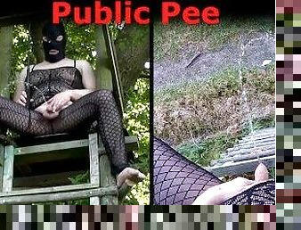 Public pissing from 3 meter high deer stand in sheer clothes. POV Peeing. Exhibitionist Tobi00815