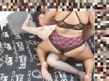 lesbian sex! Hot brunette rubs her pussy on her redhead girlfriend's leg