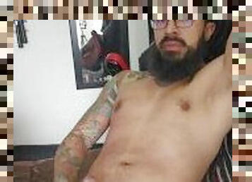 Rasta tattooed guy jerking off oiled up and cumming hard