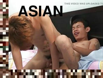 Asian pissing tattooed twink ass fucked in missionary position