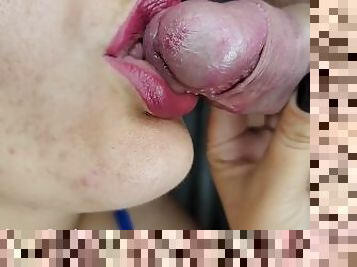 Perfect blowjob by smiling. Epic throbbing orgasm - Pulsating cum of lucky dick. close-up oral cream