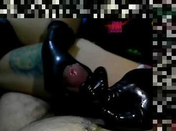 Milking Day#9 by Fetishwife in new black latex gloves wearing thigh high leather boots glovejob cums