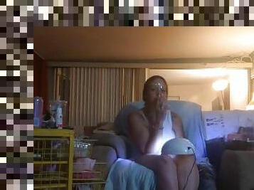 Roommate masturbating to pretty girl in minidress painting her nails and watching tv