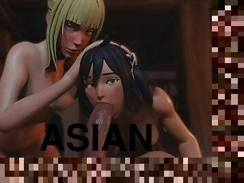 asiatisk, avsugning, gigantisk-kuk, 3d, kuk