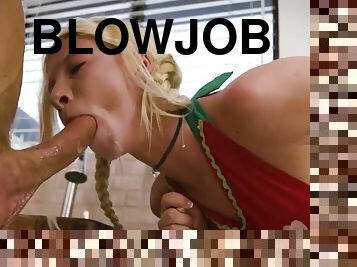 Blonde slut Kenzie Reeves Gives Deepthroat blowjob and Handjob in the kicthen - rough sex
