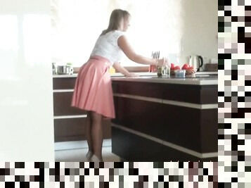 Sexy wife in stocking teasing in the kitchen