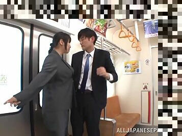 An Asian office chick gets banged by several guys on a train